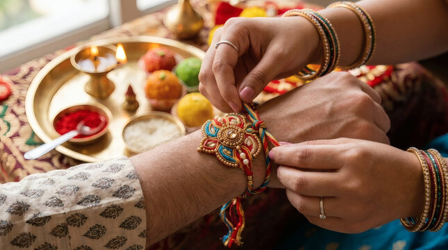 Traditional Indian Sister Tying Decorative Rakhi on Brother's Wrist for Raksha Bandhan Festival Celebration with Puja Thali and Sweets