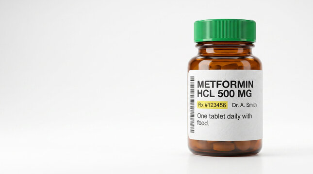 Prescription bottle for metformin tablets used for treating type 2 diabetes and blood sugar control.