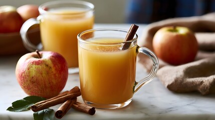 Warm cider in glass mugs with cinnamon sticks and fresh s on a marble surface cozy autumnal setting