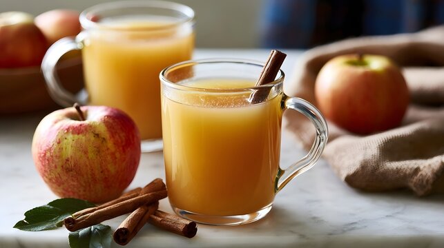 Warm cider in glass mugs with cinnamon sticks and fresh s on a marble surface  cozy autumnal setting