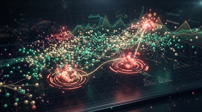 Abstract 3D data visualization of AI fraud detection algorithm highlighting anomaly clusters in colorful scatter plot analytics