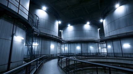 Obraz premium Large cylindrical storage tanks inside an industrial facility with metal walkways and bright overhead lighting