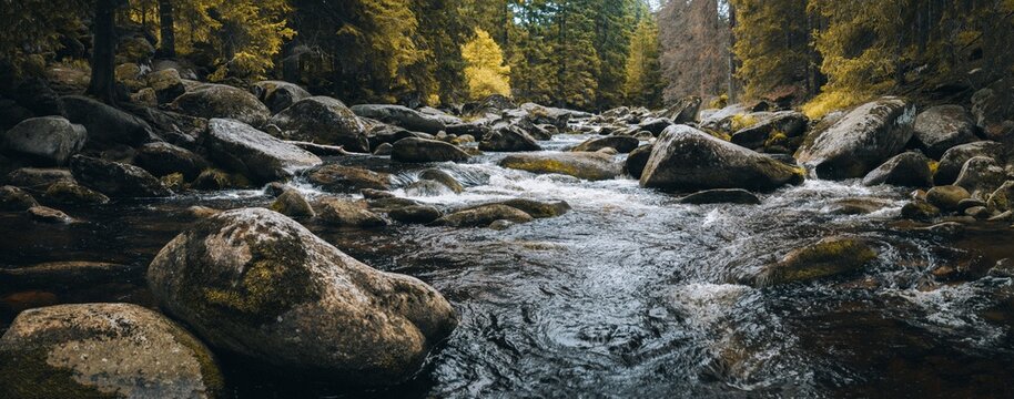Panoramic view of the Vydra River flowing through a rocky forest landscape in &Scaron;umava National Park, Czech Republic, with moss-covered boulders, clear water and pristine wilderness.