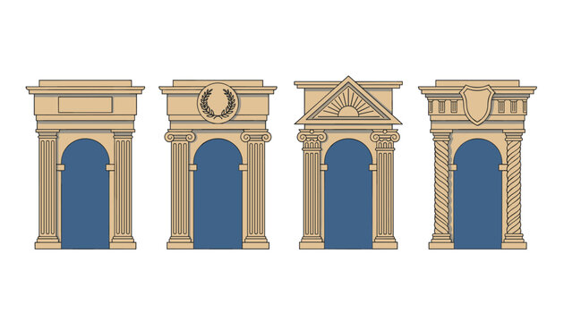 Classical architectural archways set showcases elegant stone portals with decorative columns, pediments, and shields on a white background.