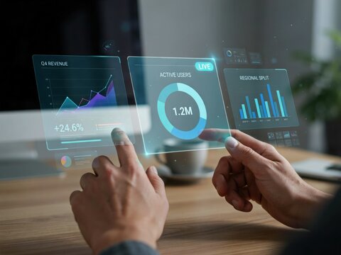 Business Professional Interacting With Futuristic Holographic Data Visualization Interface In Modern Office