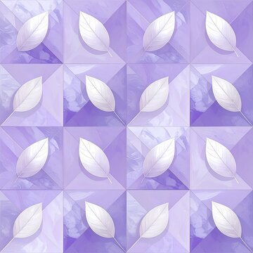 A beautiful artistic background featuring a repeating pattern of elegant white leaves set against a geometric grid of soft lavender squares.