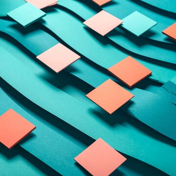 Abstract background featuring layered paper waves and colorful floating square elements in shades of blue and orange for modern design concepts.