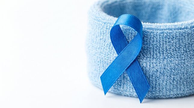 Small blue ribbon on a sports wristband symbolizing health awareness and support for people with diabetes during physical activity.