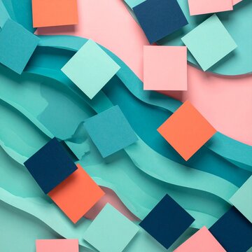 Abstract background featuring layered paper waves and colorful floating square shapes in modern pastel and bold geometric artistic composition.