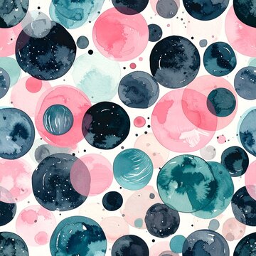 Abstract watercolor seamless pattern featuring hand painted circles in shades of pink teal and dark blue for creative design background projects.