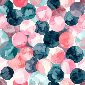 Seamless Pattern Design Featuring Abstract Watercolor Circles in Shades of Pink Teal and Dark Blue for Decorative Backgrounds and Graphic Art.