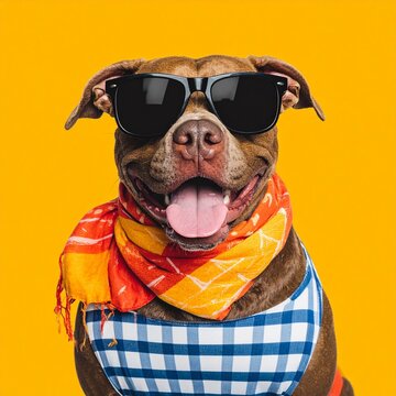 A stylish brown pitbull dog wearing black sunglasses and a colorful scarf against a solid yellow background for a fun summer vacation theme.
