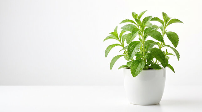 Stevia plant in small pot providing a natural sugar substitute for a healthy diet and diabetes management.