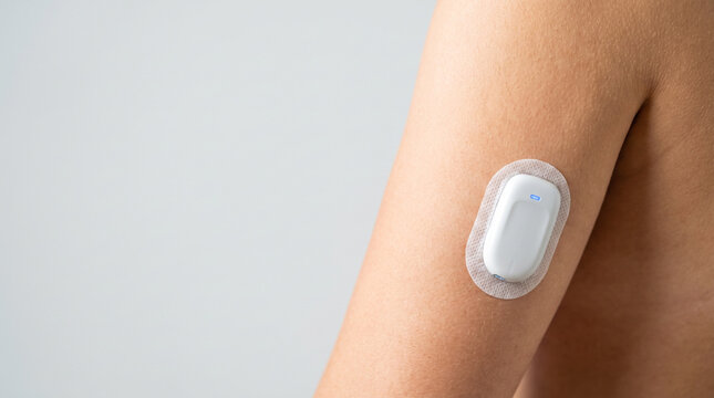 Wireless insulin pump pod on arm for discreet and automated insulin delivery to manage blood sugar levels effectively.