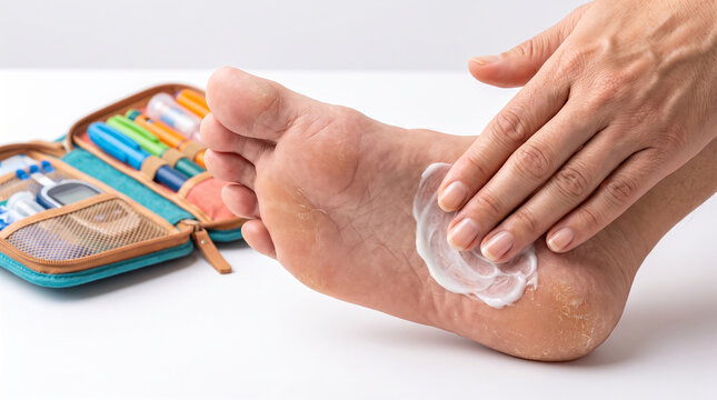 Applying moisturizing cream to diabetic feet for specialized skin care to prevent dryness and maintain foot health.