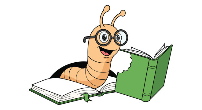 Playful bookworm character with large glasses and a happy smile enjoys reading an open green book while eating a small piece out of one page.