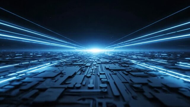 Cybernetic circuit board surface with glowing blue light beams streaming across the landscape in this fast paced motion video clip