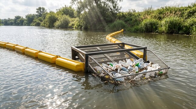 Close up of yellow floating barrier with mesh basket intercepting plastic bottles in river, highlighting automated water pollution prevention technology