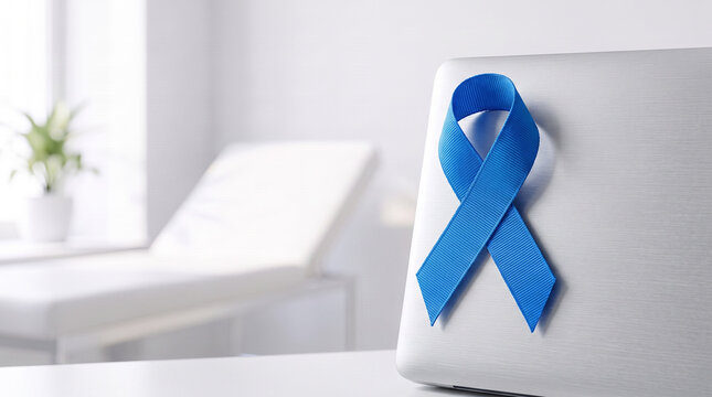 Blue ribbon on laptop lid showing support for diabetes awareness in a modern digital office or home setting.