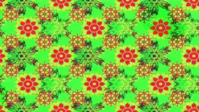 Bright seamless video loop with red flowers and green ornamental foliage. Cheerful colorful background for spring, summer, textile, wallpaper, festive and motion design.