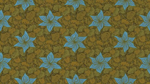 Seamless video loop with blue floral ornaments on a textured brown background. Elegant botanical pattern for wallpaper, textile, fabric, decoration and motion design.