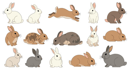 Obraz premium Diverse group of rabbits in various colors and poses including sitting, running, and eating on a white background.