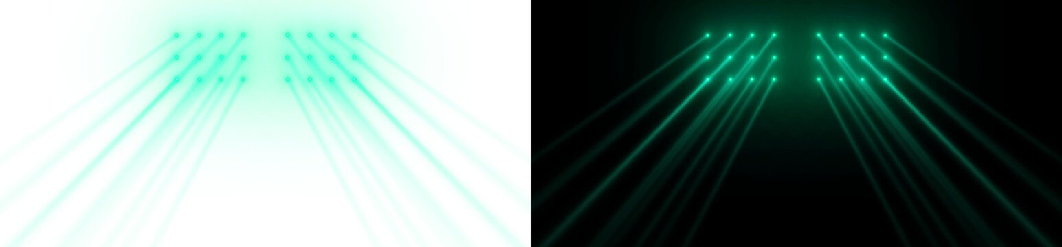 Green Spotlight Beams symmetrical grid of multiple green lights emitting parallel on transparent background.