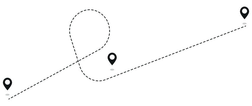 Route icon between 3 points with dotted path and location pin. Long dashed hand drawn squiggle. Vector illustration. 