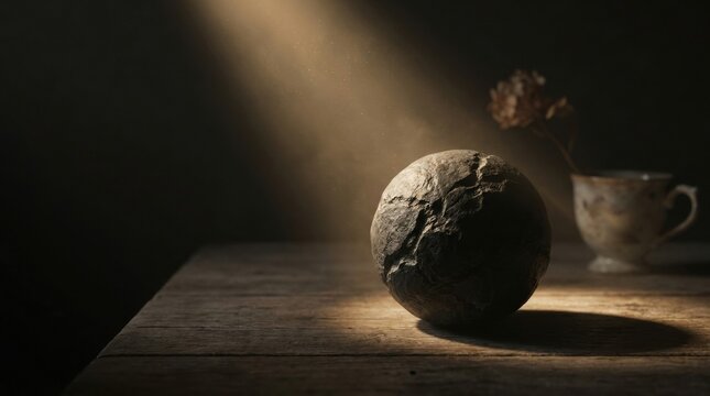 A rough sphere sits on a wooden table bathed in dramatic light with dust motes in the air