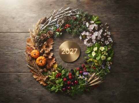 Four Seasons Wreath with 2027 Year Symbol on Rustic Wooden Background