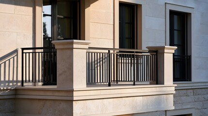 Obraz premium A modern balcony with stone columns and black metal railings attached to a light colored stone building facade