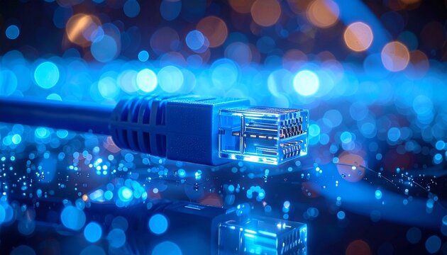 fiber optic cable with blue light landscape suitable to your brand, display, cyber, tech, data, information, networking, business, and more