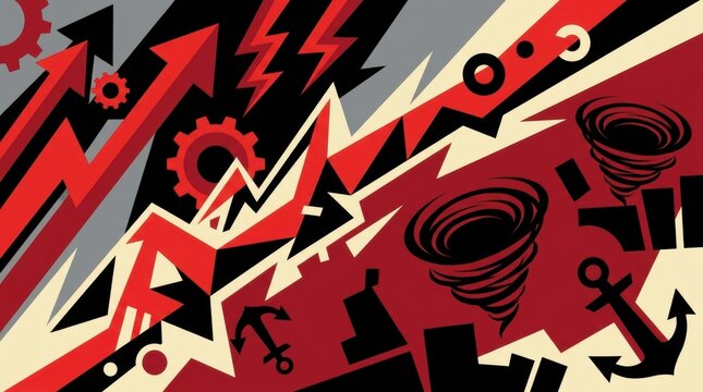 Abstract composition with red arrows gears lightning bolts tornados and anchors emotional health