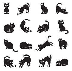 Fototapeta premium Collection of black cat silhouettes arranged on a white background showcasing various feline poses cats