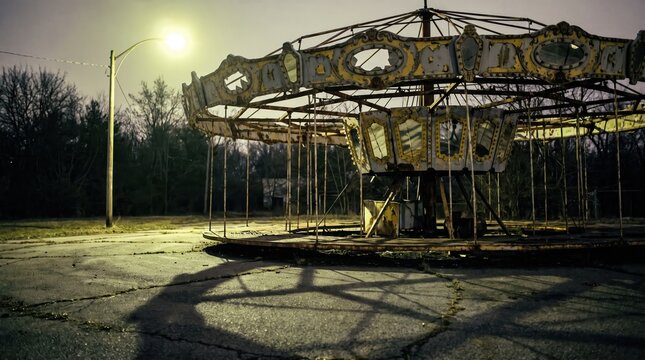 Abandoned vintage carousel at night in a deserted amusement park