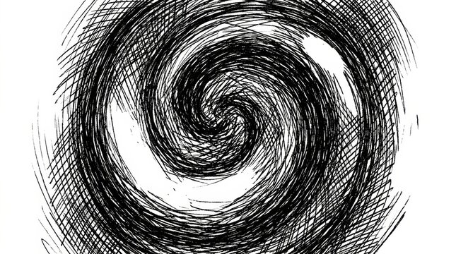 Abstract black ink spiral texture created with chaotic scribbled lines forming a vortex effect