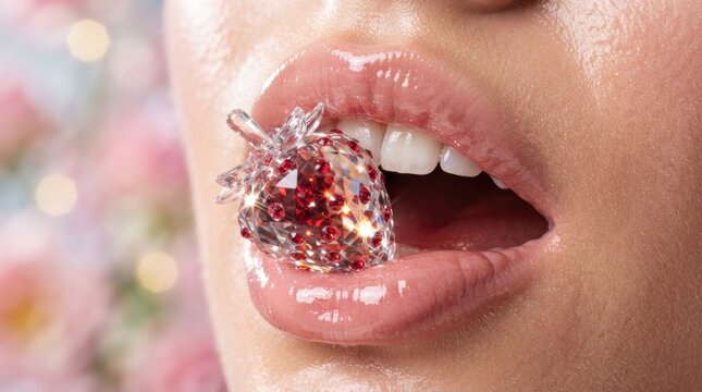 Close up of lips biting red gemstone strawberry.