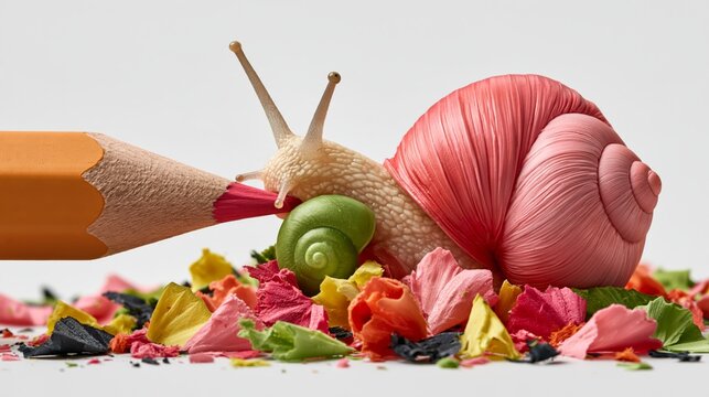 Giant brightly colored pencil being sharpened by tiny green snail with colorful shavings piling up on white background