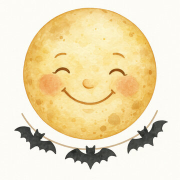 Smiling moon watercolor illustration with bat garland, featuring cheerful face and soft warm tones, perfect for festive or Halloween themed designs and decorations