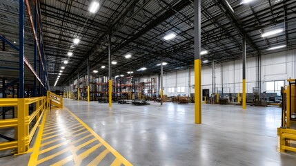 Obraz premium Large industrial warehouse interior with high ceiling metal beams yellow safety railings and concrete floor