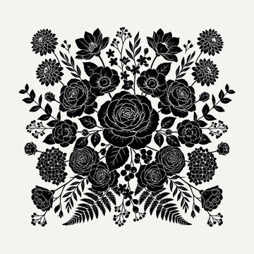 Vintage floral bouquet vector, black botanical roses and wildflowers, elegant garden arrangement