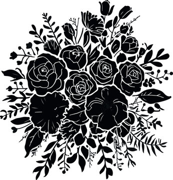 Black floral bouquet vector, botanical rose silhouette, elegant flower arrangement for wedding
