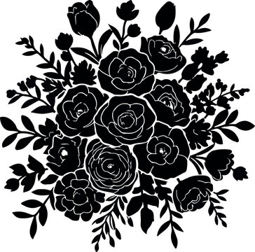 Floral bouquet silhouette, black rose and tulip vector, botanical wedding flower arrangement