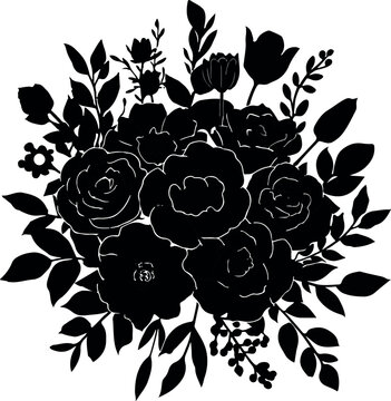 Floral bouquet silhouette, black flower arrangement vector, botanical garden wedding clip art