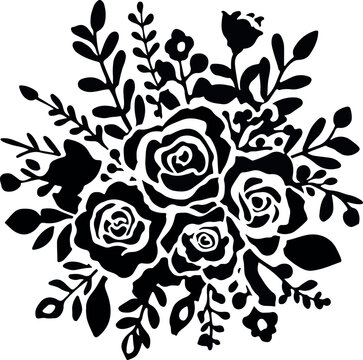 Floral rose bouquet silhouette, black botanical flower arrangement, wedding vector clipart