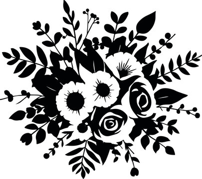 Floral bouquet silhouette, black flower arrangement vector, botanical wedding clip art