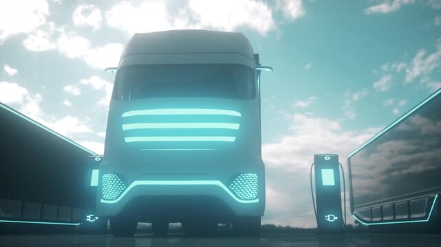 Futuristic Electric Semi Truck Charging At Modern Logistics Station