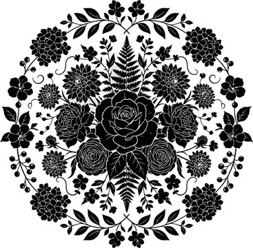 Vintage floral mandala vector, black rose bouquet silhouette, botanical circular ornament