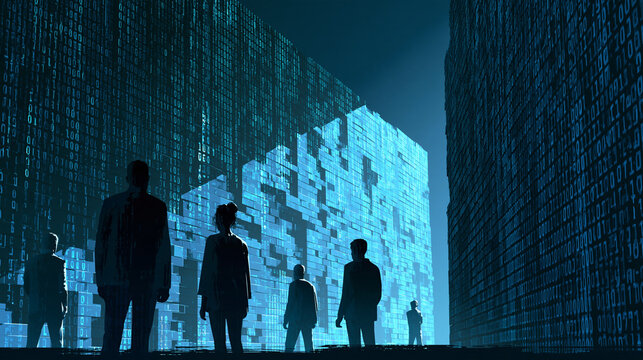 Faceless back-view defenders standing along a bright wall of data, in soft natural light