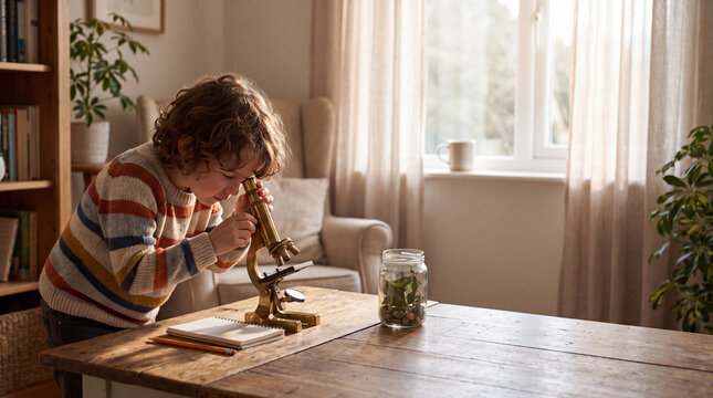 Child using brass microscope at home desk